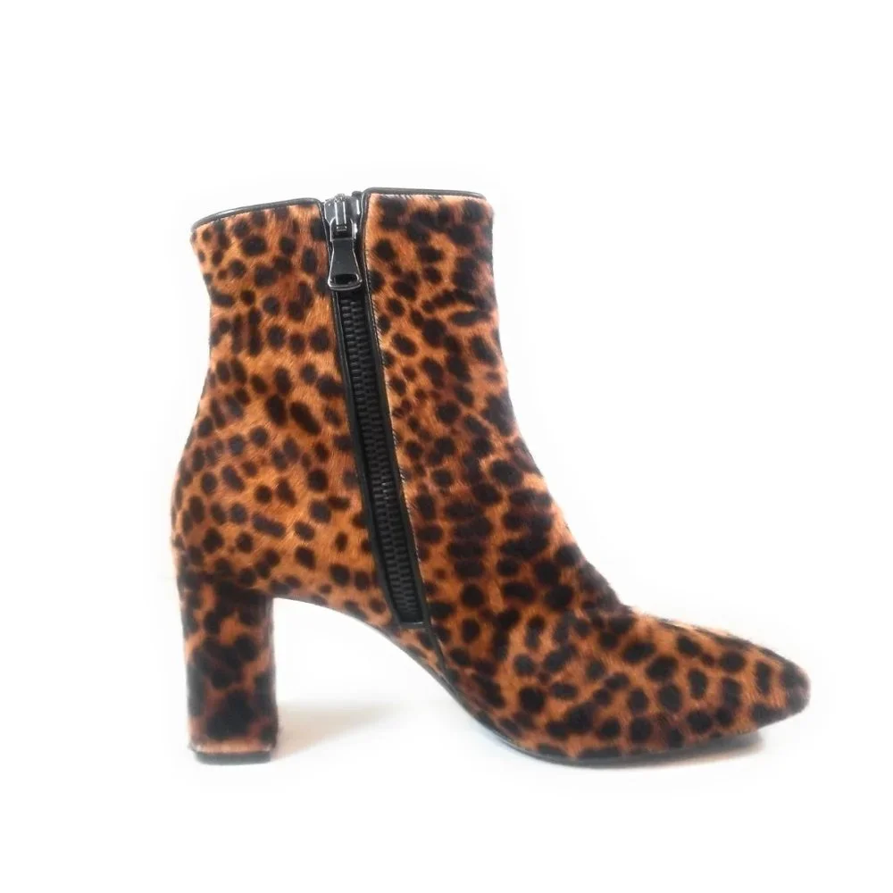 Eugenia Kim Women Booties Calf Hair Leopard Brown Zip Up Ankle Heel Boots Sz 41